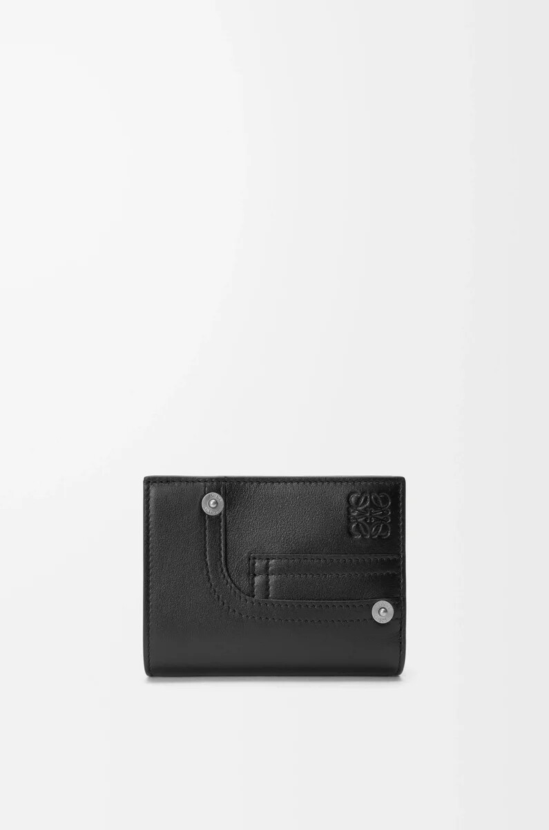 portefeuille compact panta en cuir de veau brillant noir
