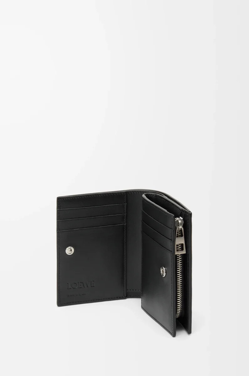 portefeuille compact panta en cuir de veau brillant noir