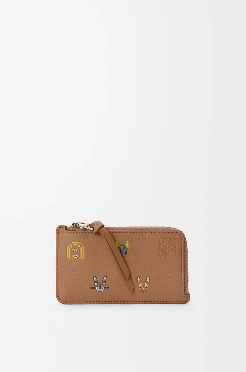 porte-cartes à motifs de chats en cuir de veau classique couleur moka