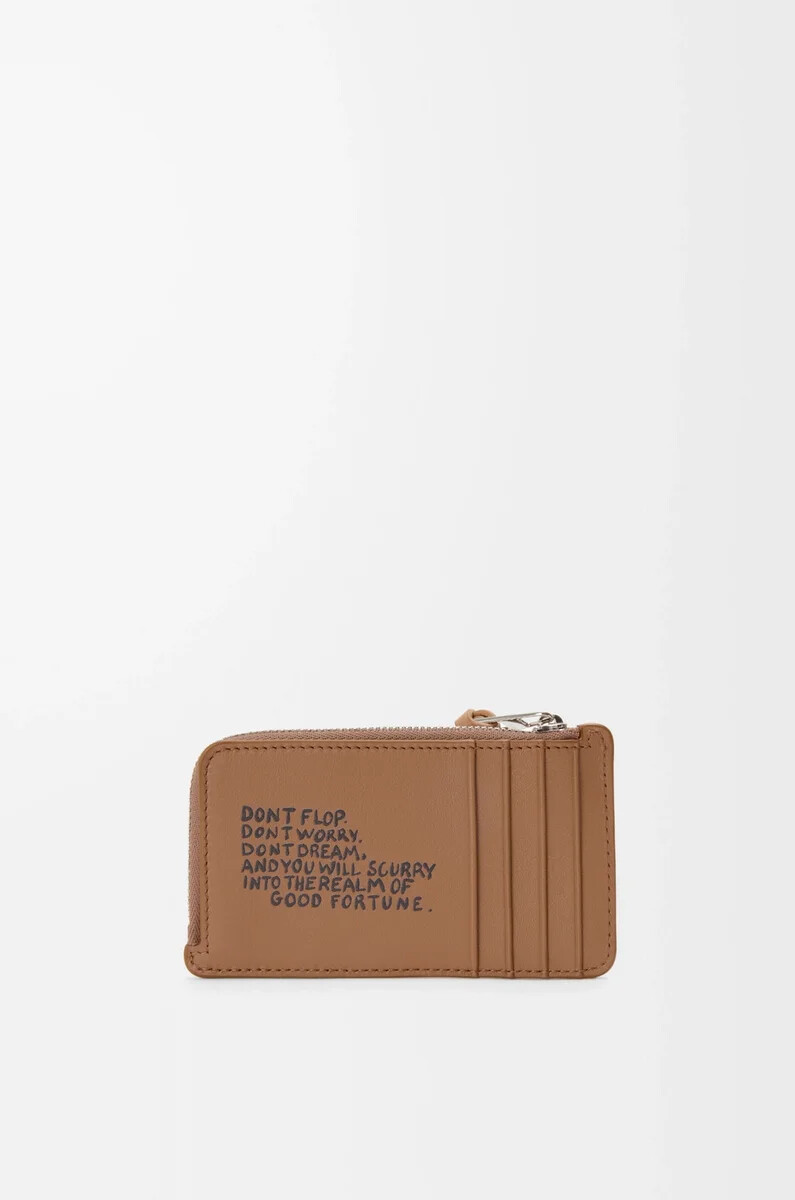 porte-cartes à motifs de chats en cuir de veau classique couleur moka