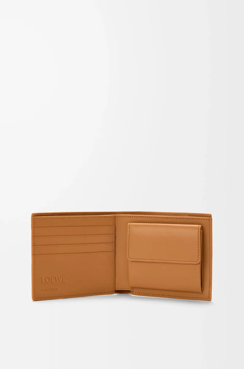 porte-monnaie à deux volets en cuir de veau souple grainé couleur marron clair canyon