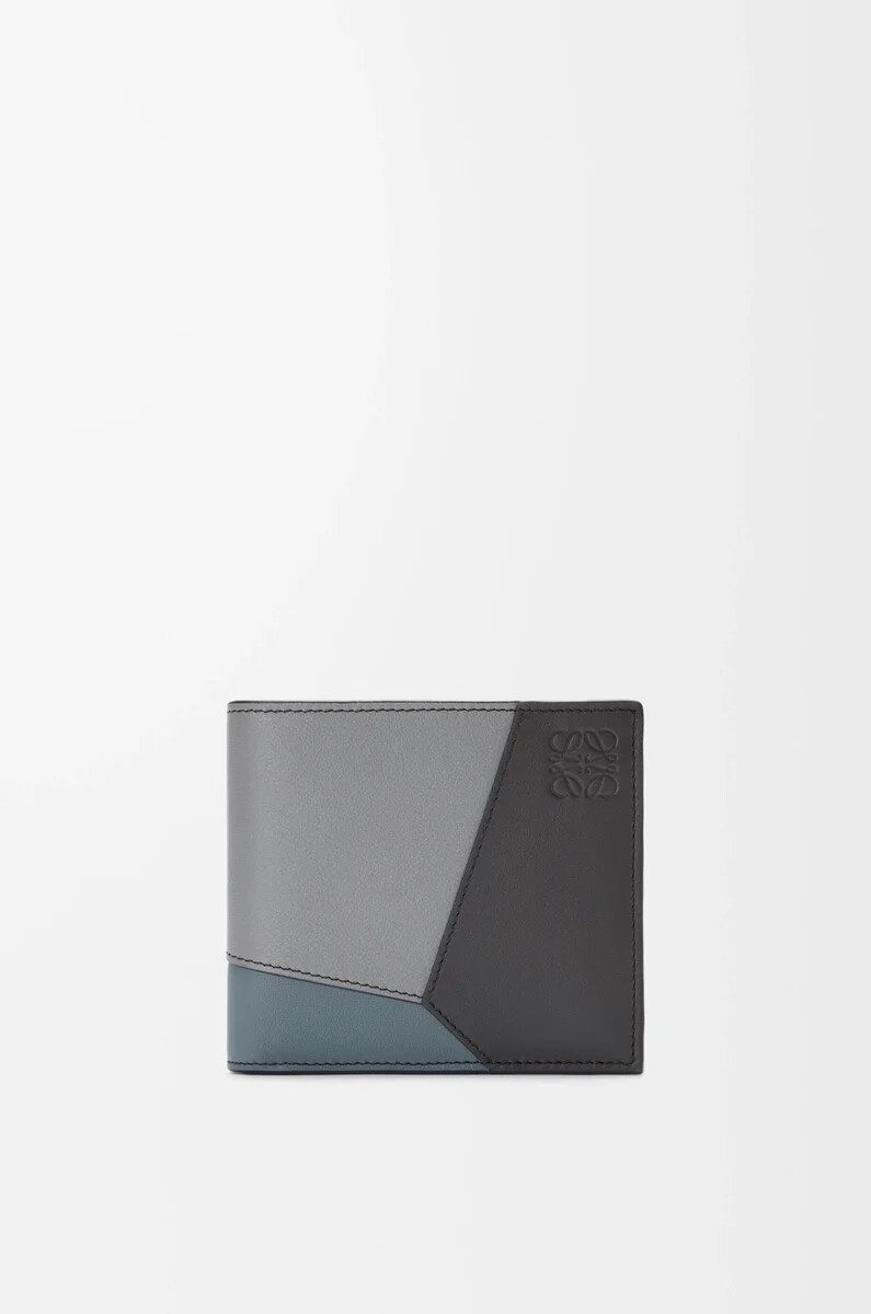 portefeuille à deux volets puzzle en cuir de veau classique gris asphaltebleu orage
