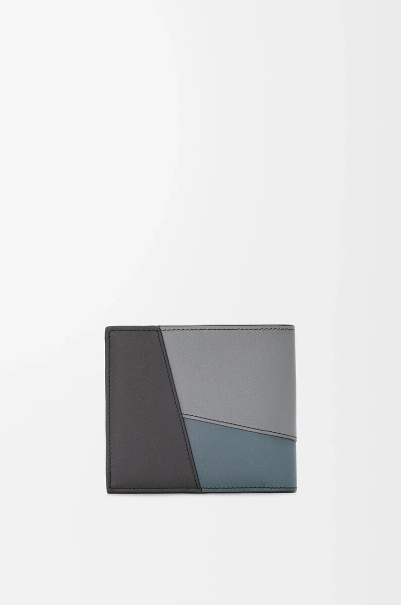 portefeuille à deux volets puzzle en cuir de veau classique gris asphaltebleu orage
