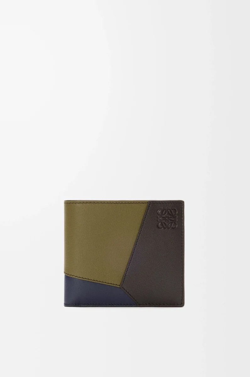 porte-monnaie à deux volets en cuir de veau classique olivemarron foncé style puzzle