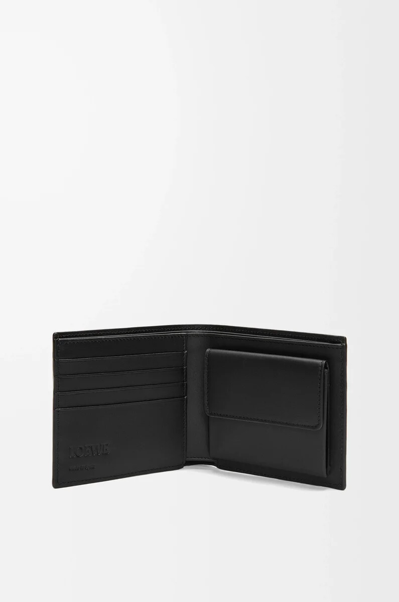 porte-monnaie à deux volets en cuir de veau satiné noir