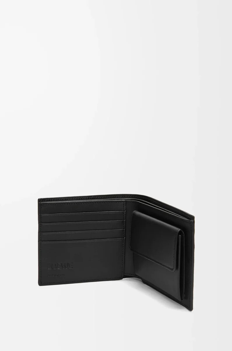 porte-monnaie à deux volets en cuir de veau satiné noir