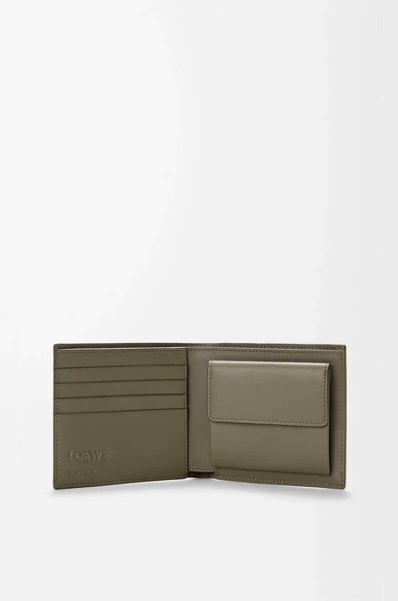 porte-monnaie à deux volets en cuir de veau satiné vert kaki