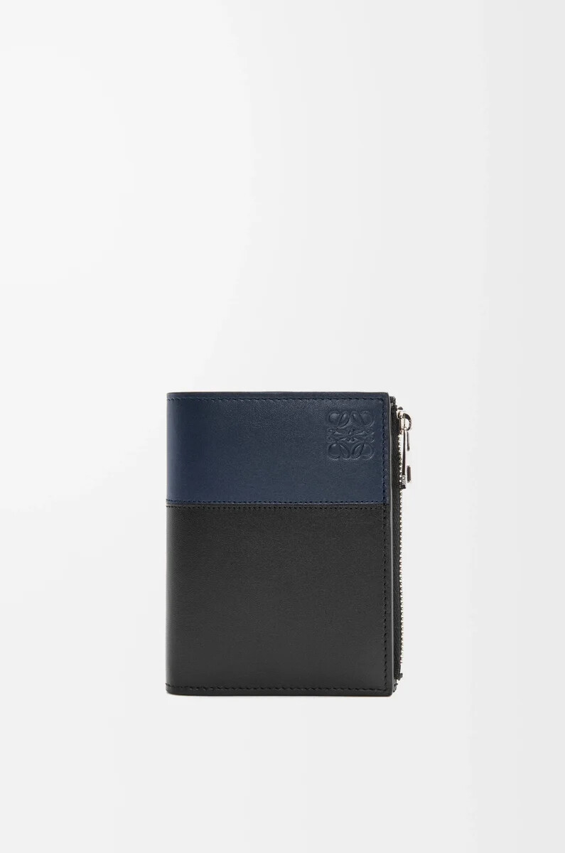 portefeuille fin et compact en cuir de veau brillant noirbleu marine