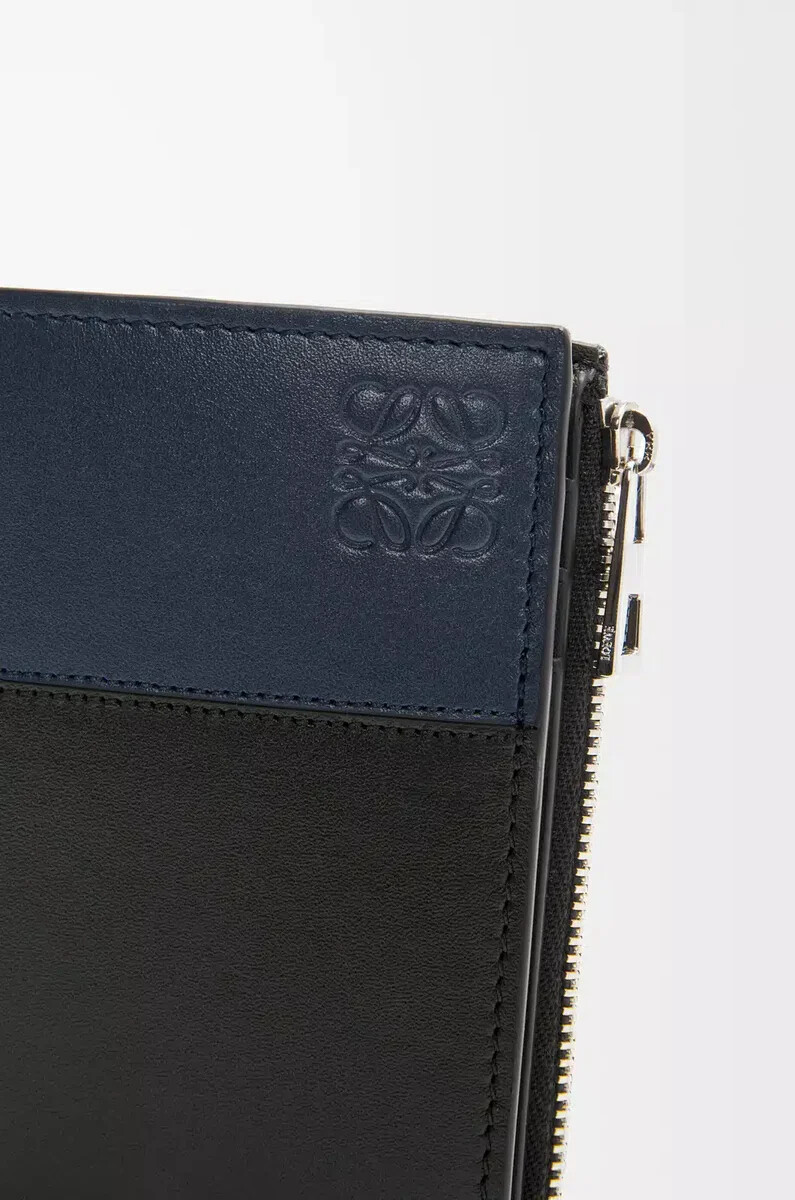 portefeuille fin et compact en cuir de veau brillant noirbleu marine
