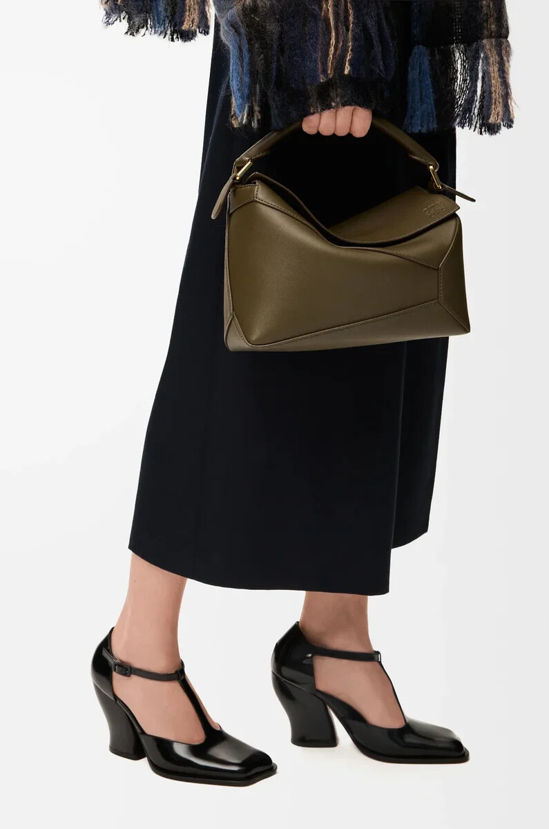 petit sac puzzle edge en cuir de veau classique kaki foncé