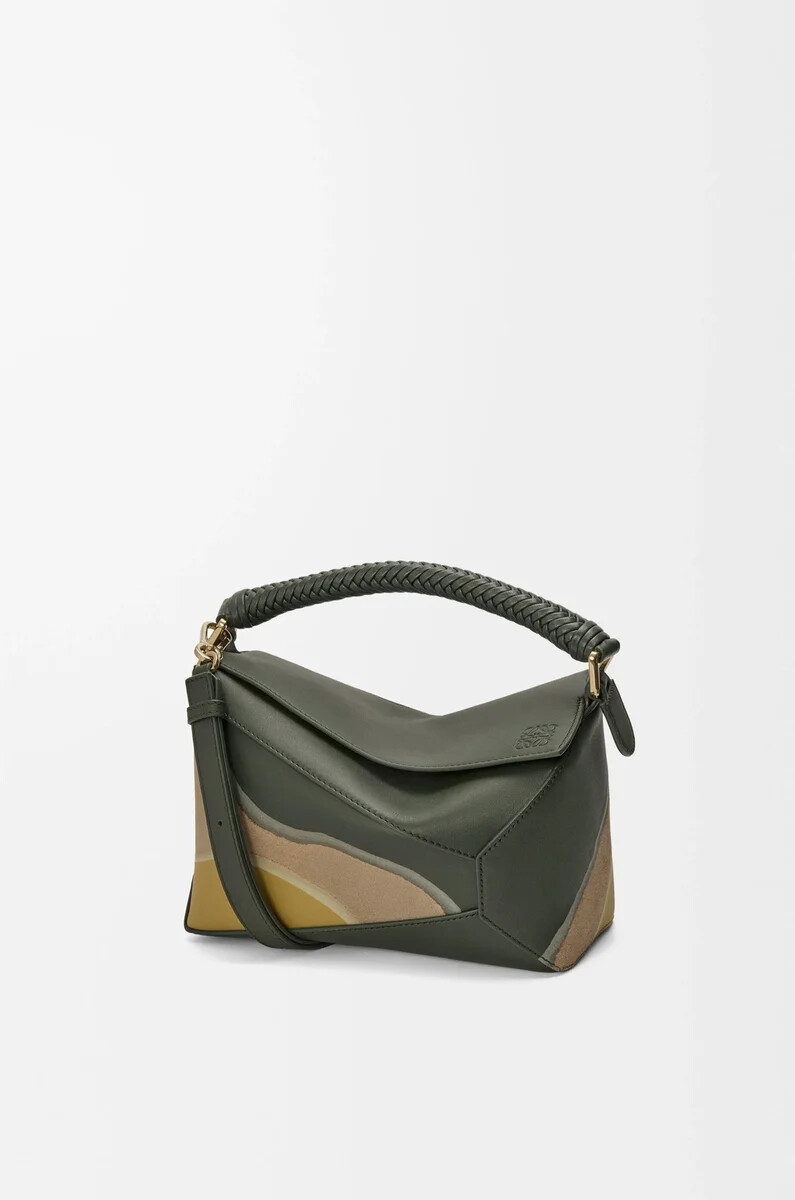 petit sac puzzle edge landscape en cuir de veau nappa vert bouteilleocre
