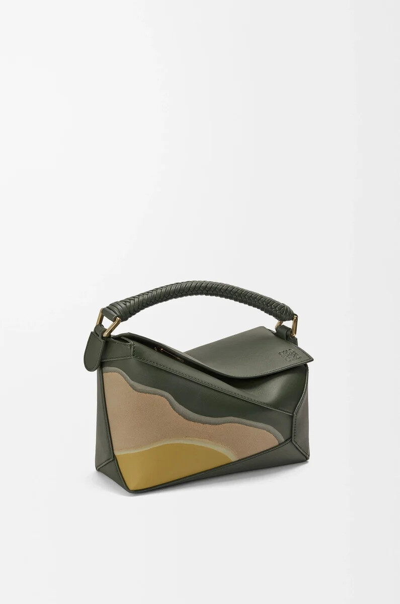 petit sac puzzle edge landscape en cuir de veau nappa vert bouteilleocre