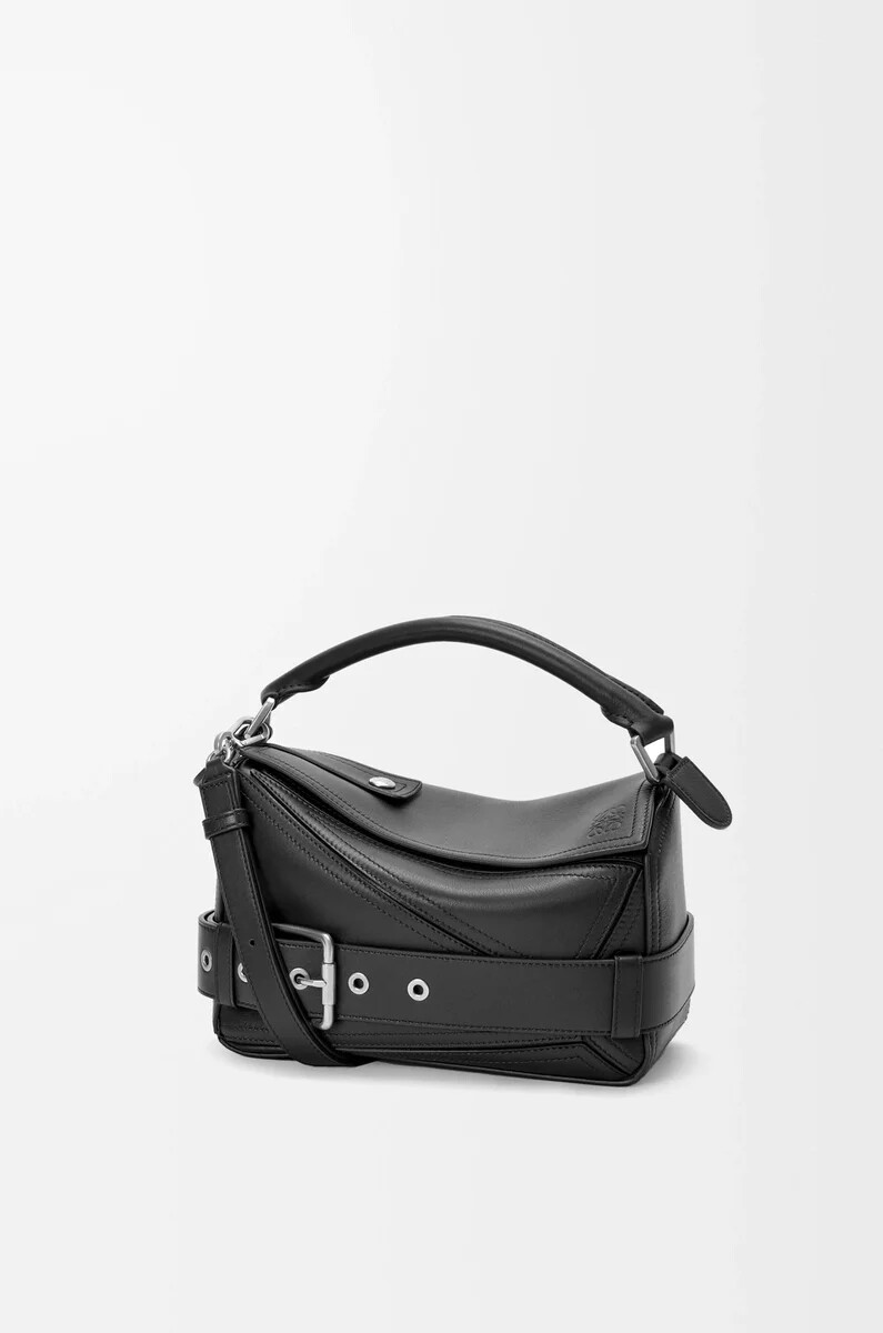 petit sac à dos puzzle biker en cuir de veau brillant noir