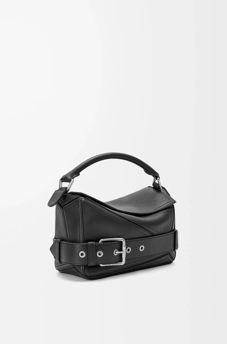petit sac à dos puzzle biker en cuir de veau brillant noir