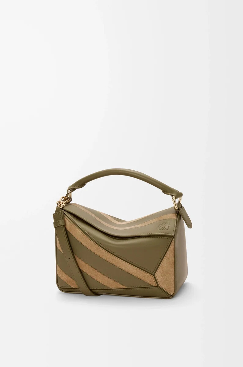 petit sac puzzle en cuir de veau classique et daim oliveor