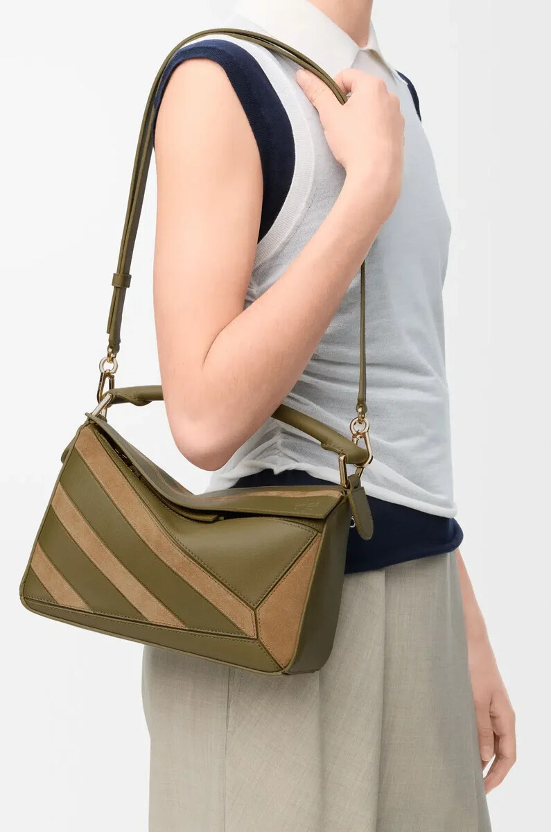 petit sac puzzle en cuir de veau classique et daim oliveor
