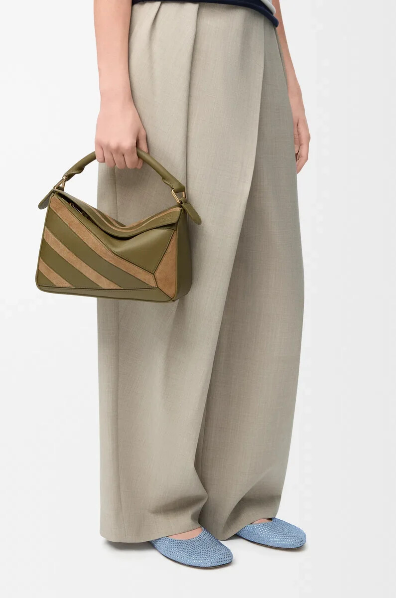 petit sac puzzle en cuir de veau classique et daim oliveor