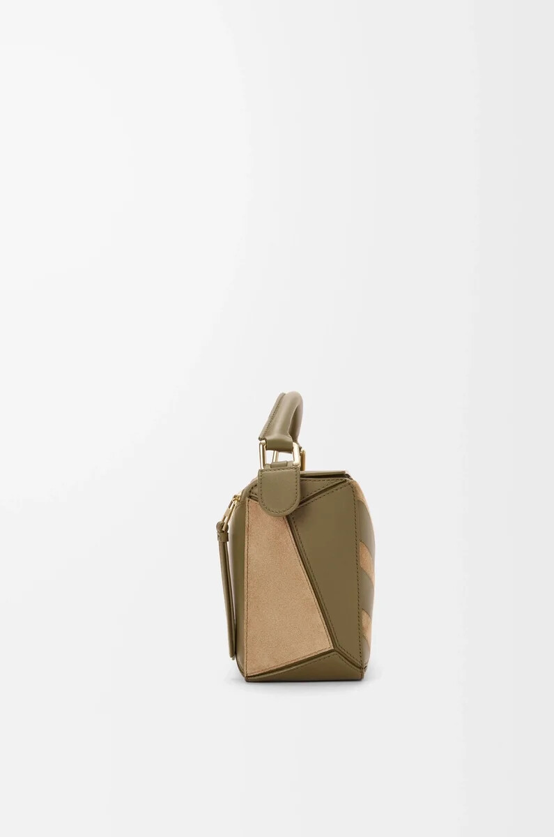 petit sac puzzle en cuir de veau classique et daim oliveor