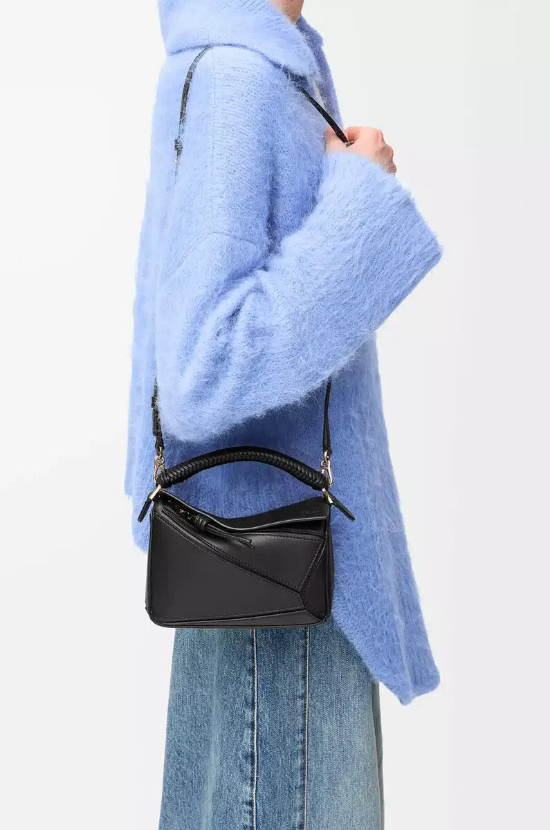mini sac puzzle en cuir de veau lisse noir