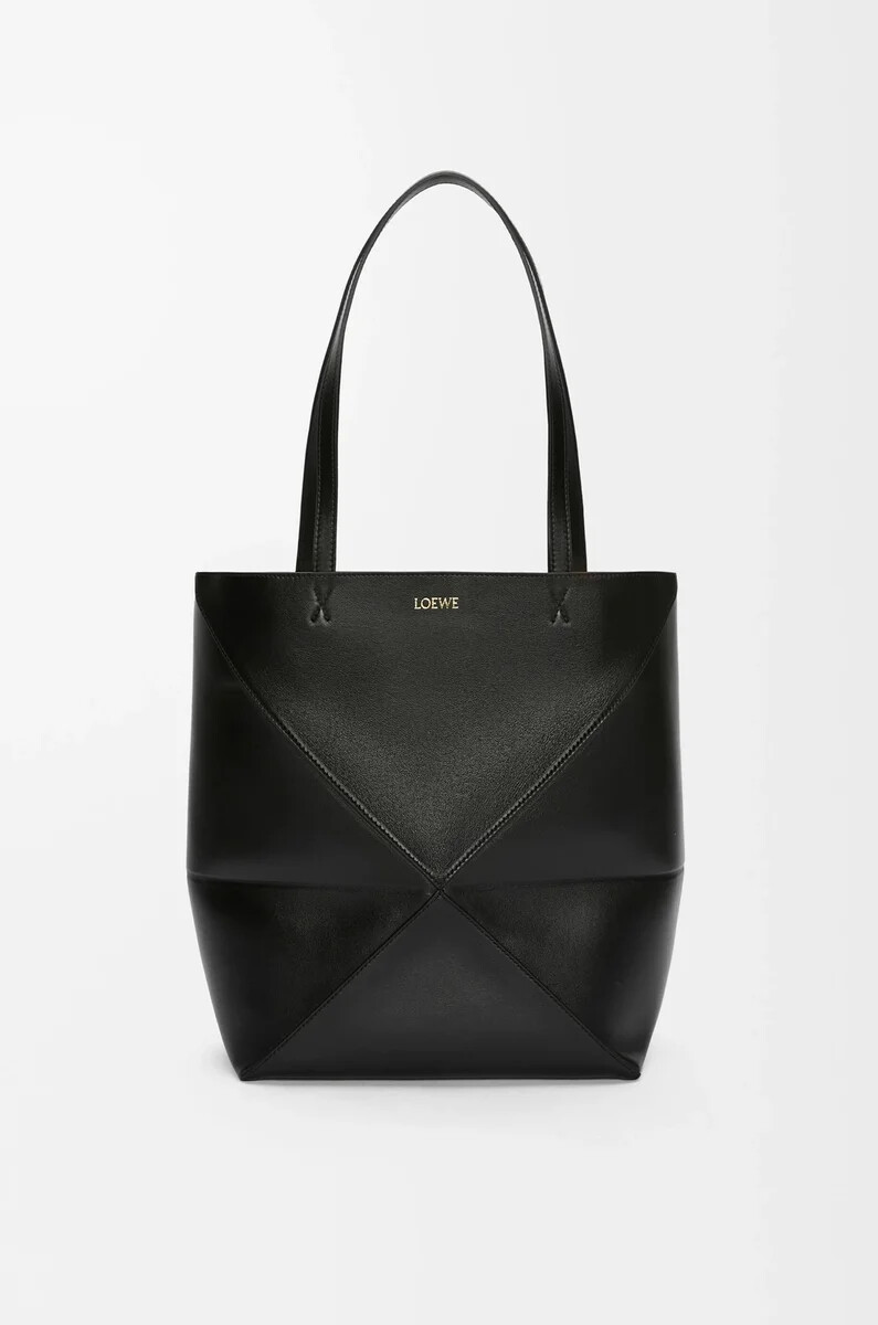 sac cabas pliable moyen en cuir de veau brillant noir