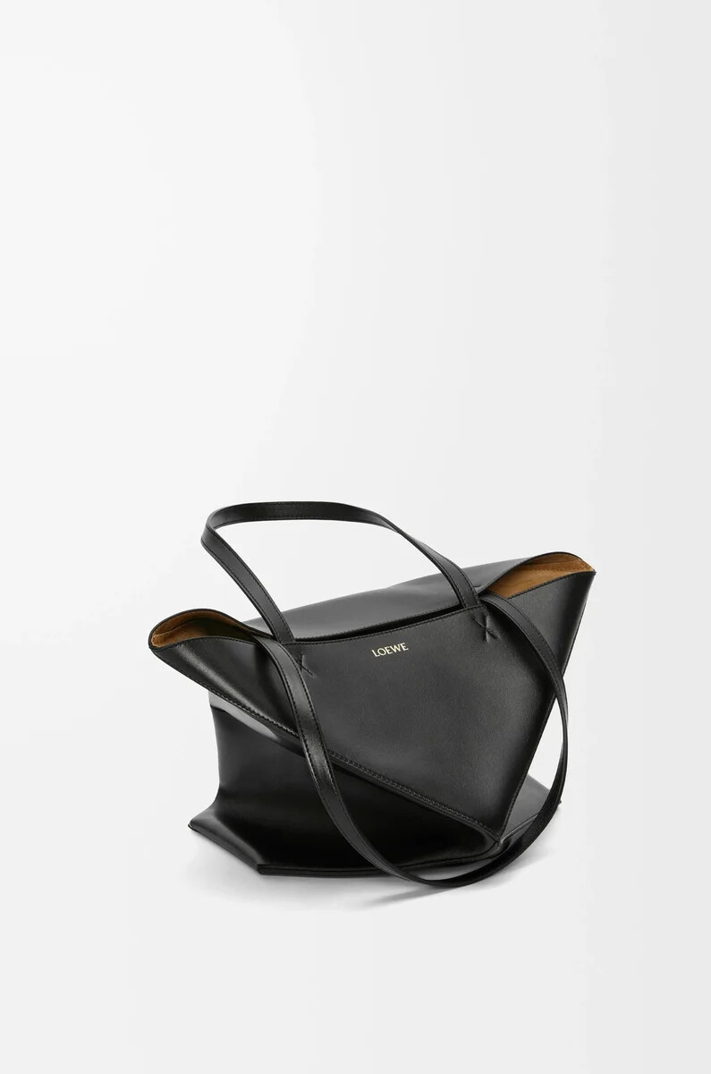 sac cabas pliable moyen en cuir de veau brillant noir
