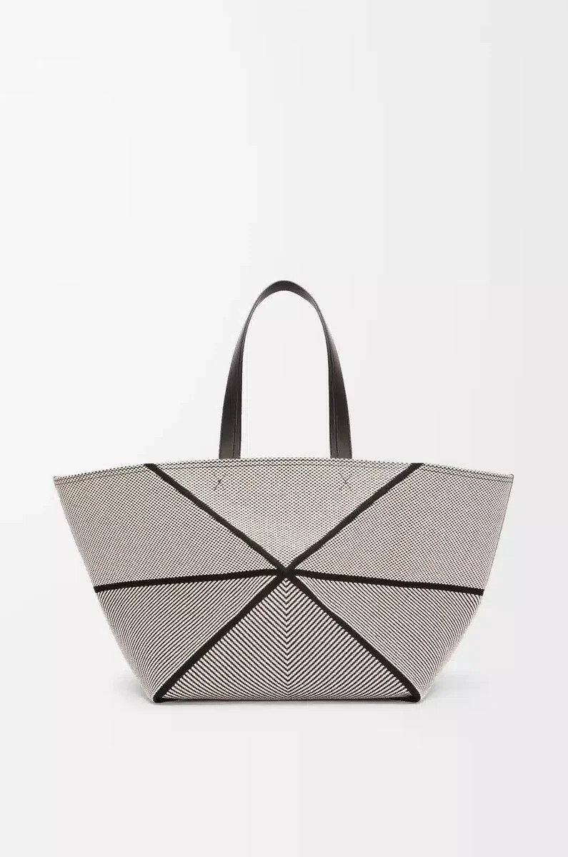 sac cabas xxl puzzle fold en toile jacquard et cuir de veau naturelnoir