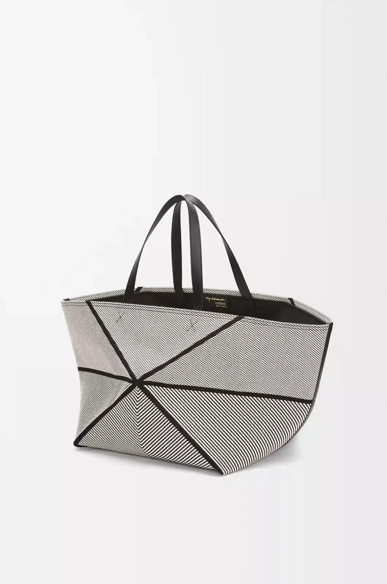sac cabas xxl puzzle fold en toile jacquard et cuir de veau naturelnoir
