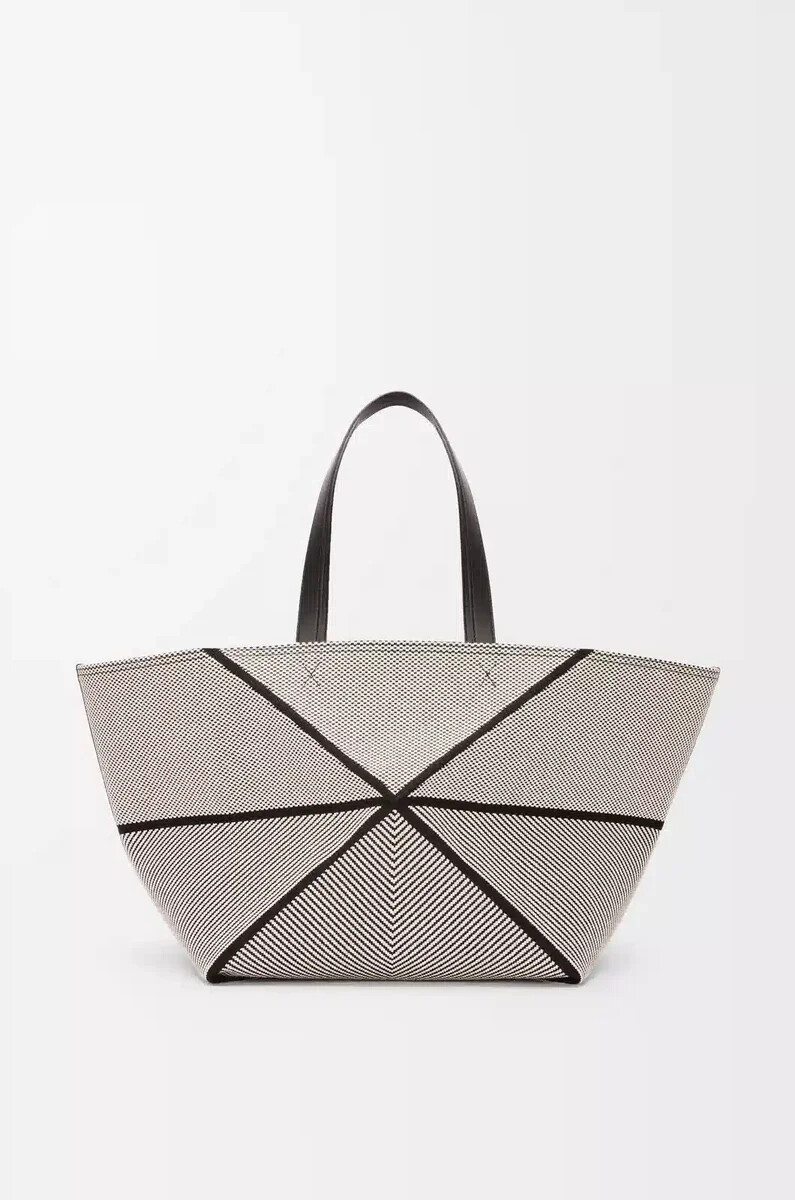 sac cabas xxl puzzle fold en toile jacquard et cuir de veau naturelnoir
