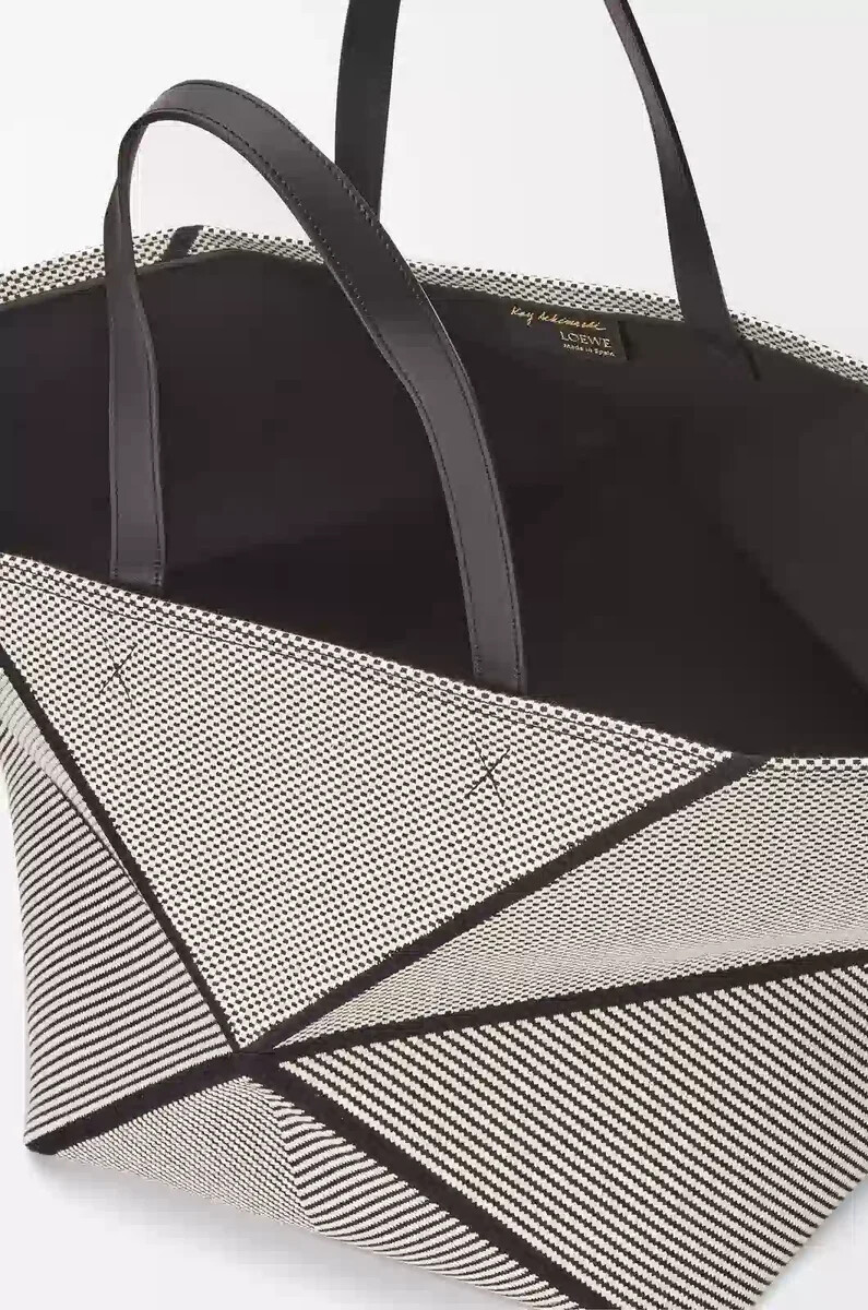 sac cabas xxl puzzle fold en toile jacquard et cuir de veau naturelnoir