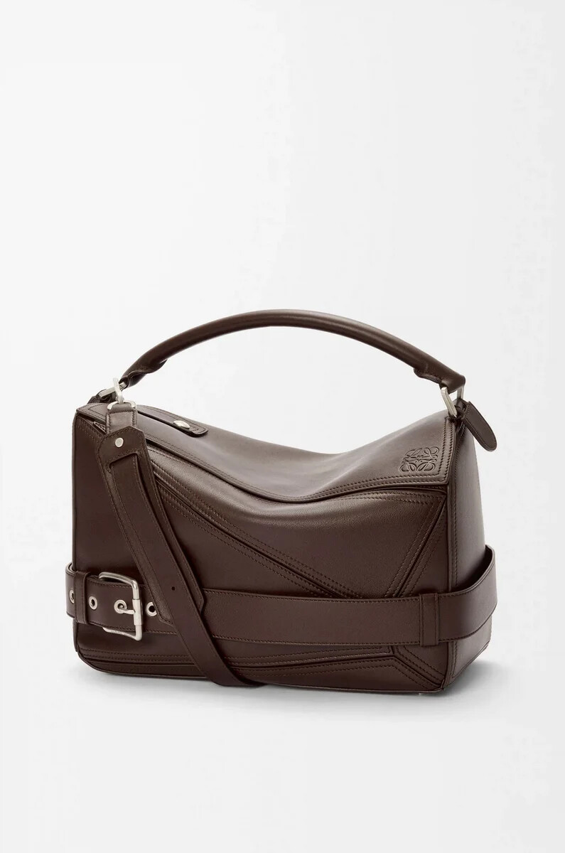 grand sac puzzle biker en cuir de veau brillant couleur châtaigne foncée