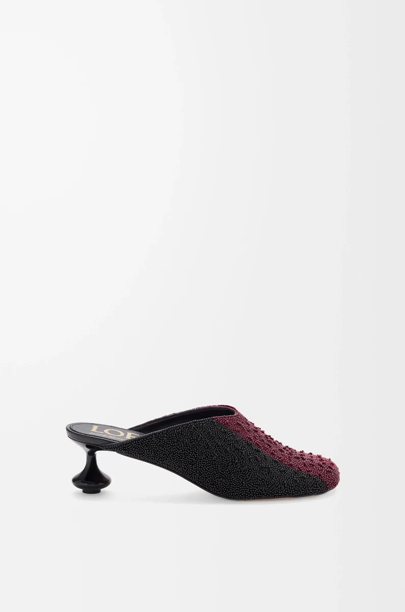 mule miniature en toile brodée noirebordeaux foncé