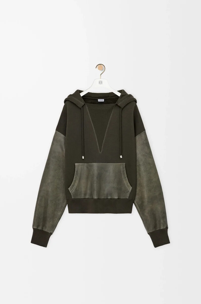 sweat à capuche hybride en coton et cuir dagneau nappa kaki