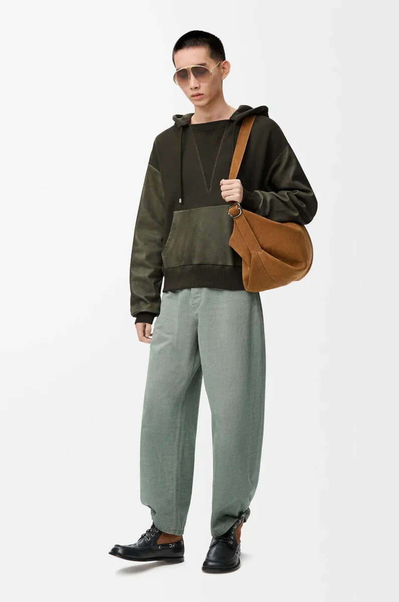 sweat à capuche hybride en coton et cuir dagneau nappa kaki
