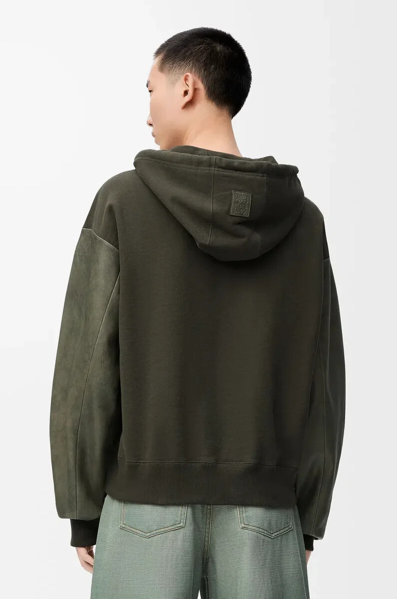 sweat à capuche hybride en coton et cuir dagneau nappa kaki