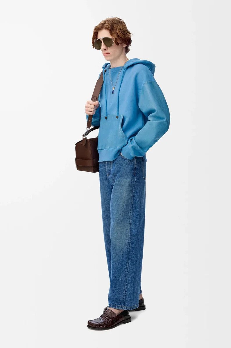 sweat à capuche hybride en coton et cuir dagneau nappa bleu