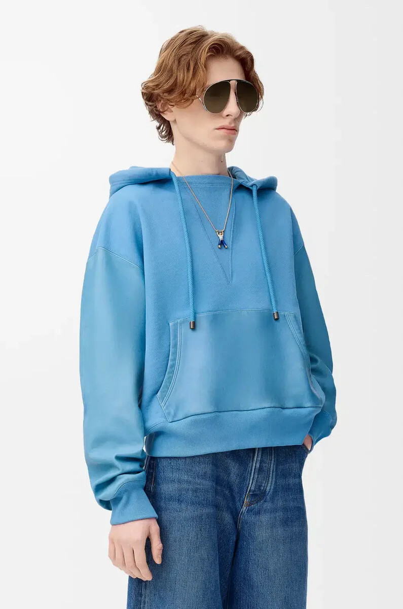 sweat à capuche hybride en coton et cuir dagneau nappa bleu
