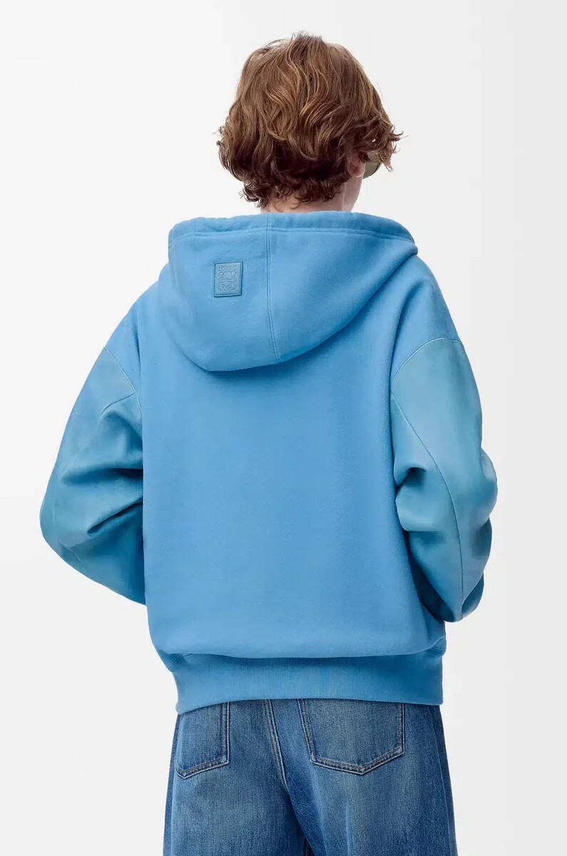 sweat à capuche hybride en coton et cuir dagneau nappa bleu