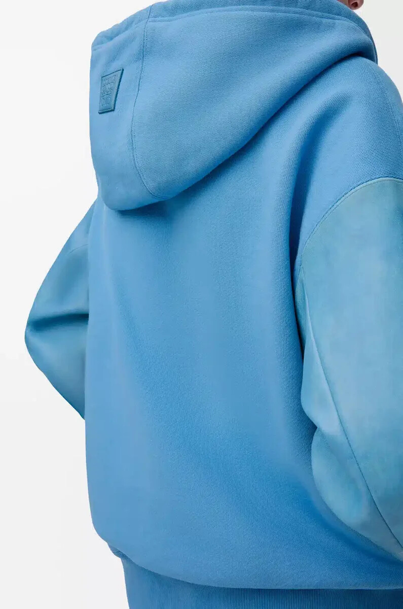 sweat à capuche hybride en coton et cuir dagneau nappa bleu